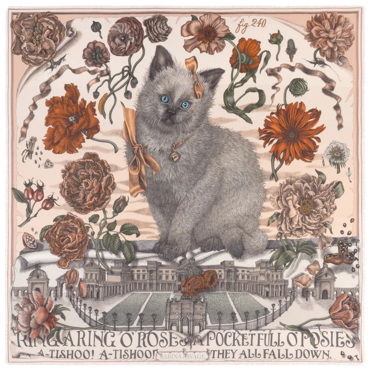 SABINA SAVAGE - RING A RING O' ROSES SILK TWILL SCARF 135CM MARSHMALLOW/BALLET