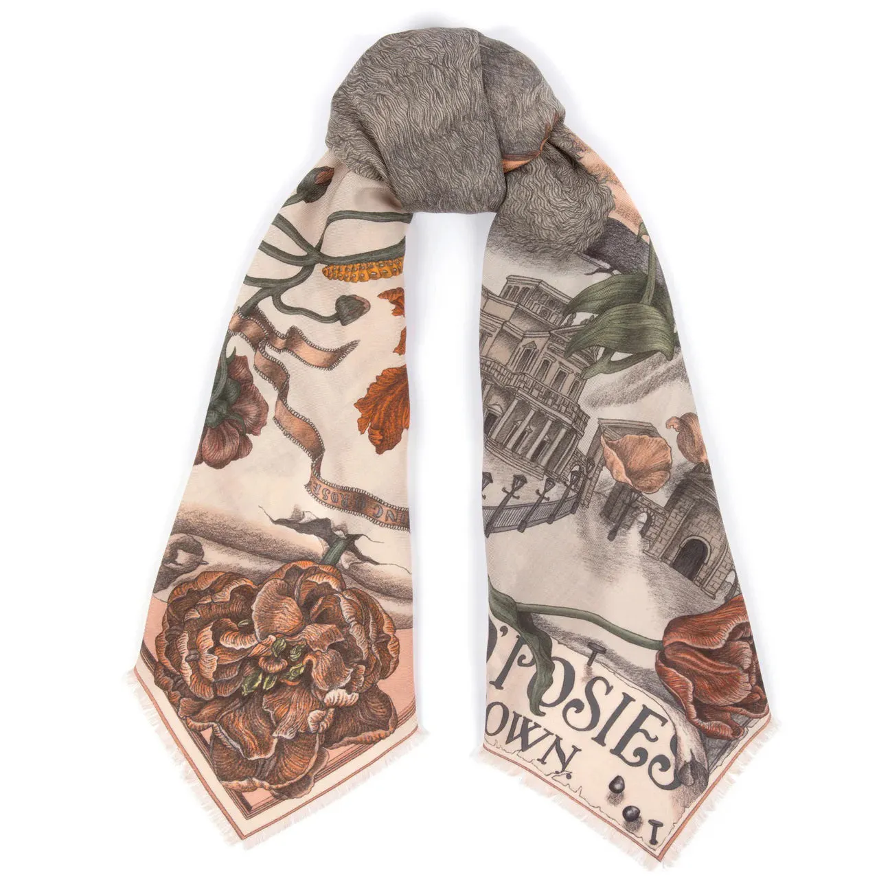 SABINA SAVAGE - RING A RING O' ROSES SILK TWILL SCARF 135CM MARSHMALLOW/BALLET