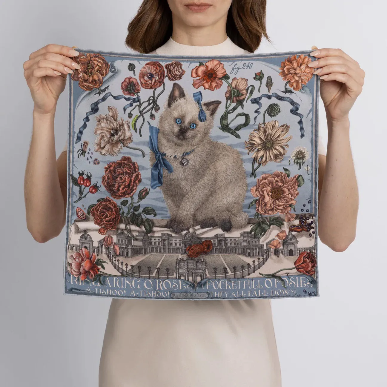 SABINA SAVAGE - RING A RING O' ROSES SILK TWILL SCARF 42CM GLACIER/BALLET