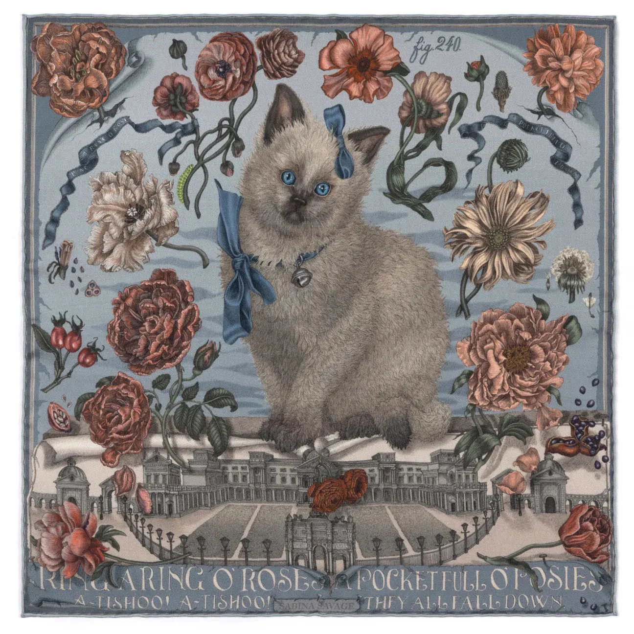 SABINA SAVAGE - RING A RING O' ROSES SILK TWILL SCARF 42CM GLACIER/BALLET