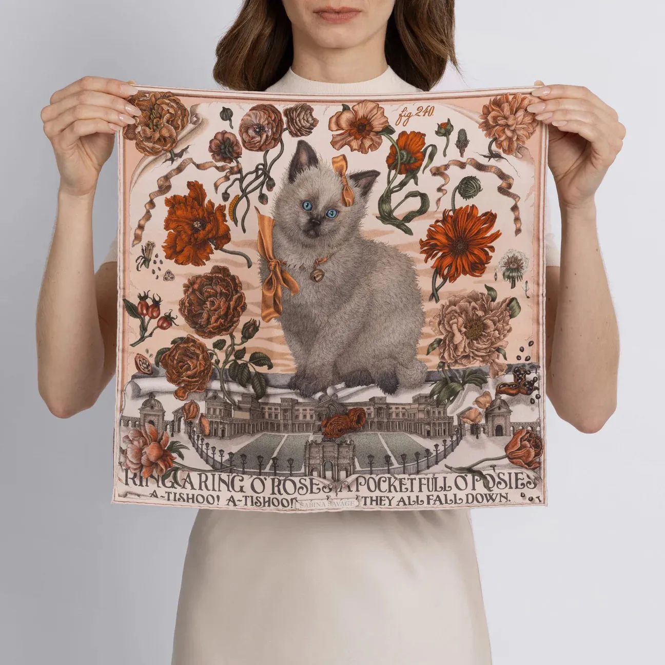 SABINA SAVAGE - RING A RING O' ROSES SILK TWILL SCARF 42CM MARSHMALLOW.RHUBARB