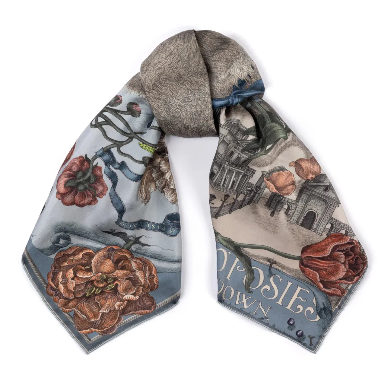 SABINA SAVAGE - RING A RING O' ROSES SILK TWILL SCARF 90CM GLACIER/BALLET