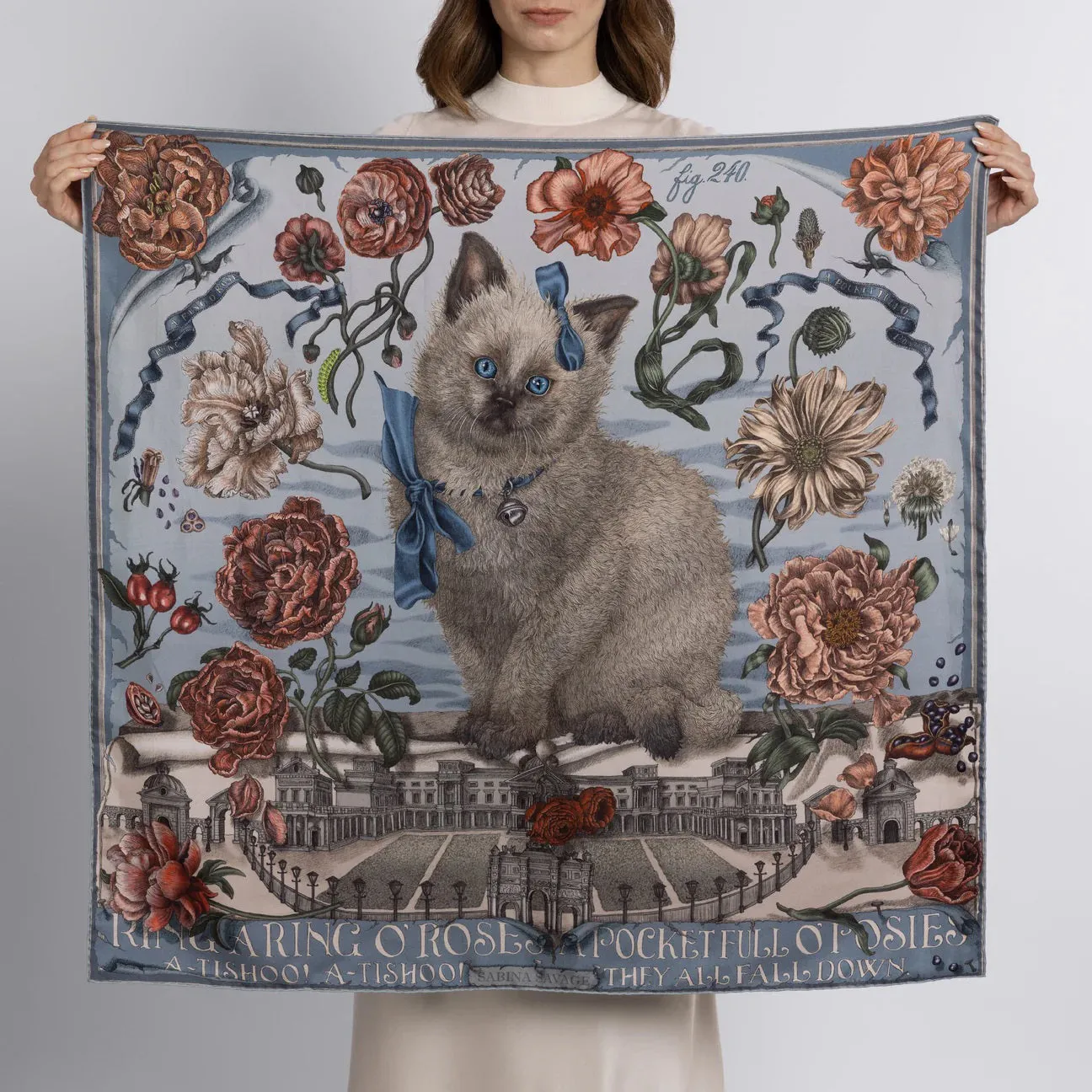 SABINA SAVAGE - RING A RING O' ROSES SILK TWILL SCARF 90CM GLACIER/BALLET