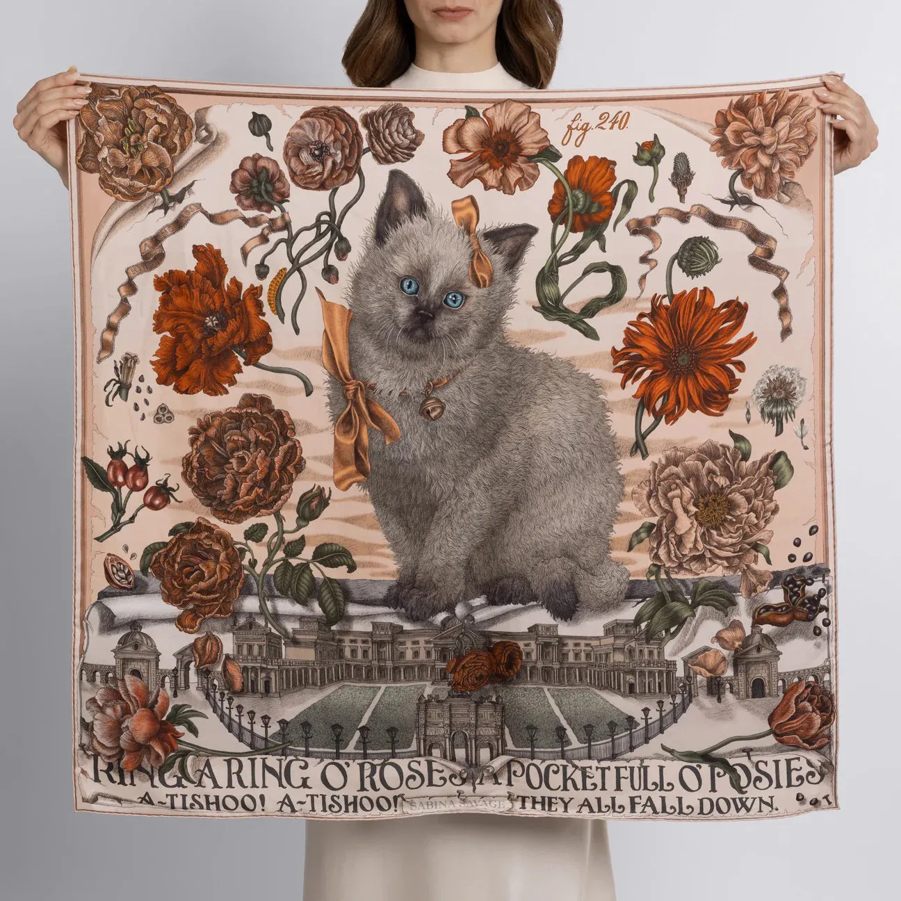 SABINA SAVAGE - RING A RING O' ROSES SILK TWILL SCARF 90CM MARSHMALLOW/RHUBARB