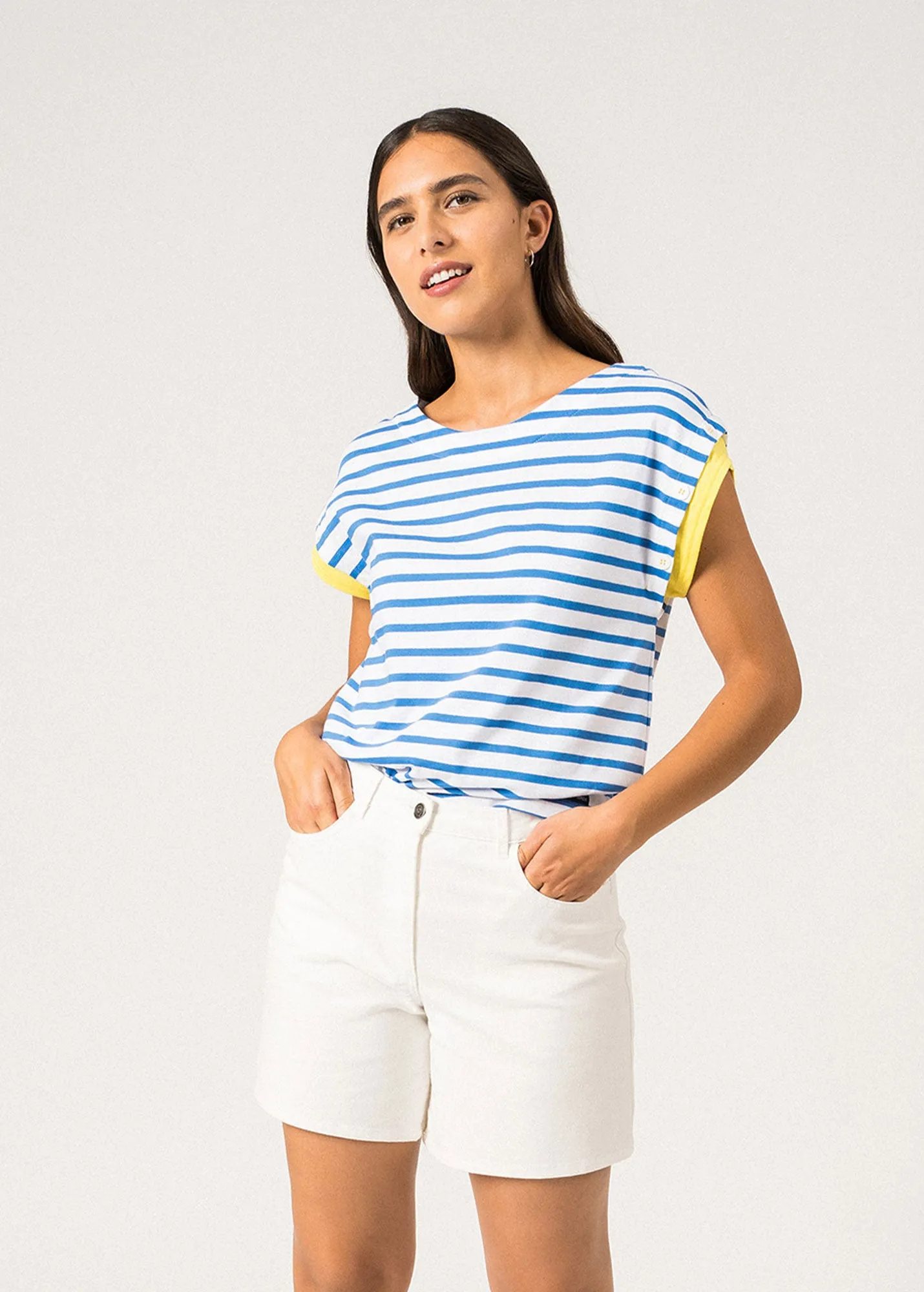 T-shirt  manches courtes ray Prigny - dtails de boutons, en coton (NEIGE/MER/ACIDULE)