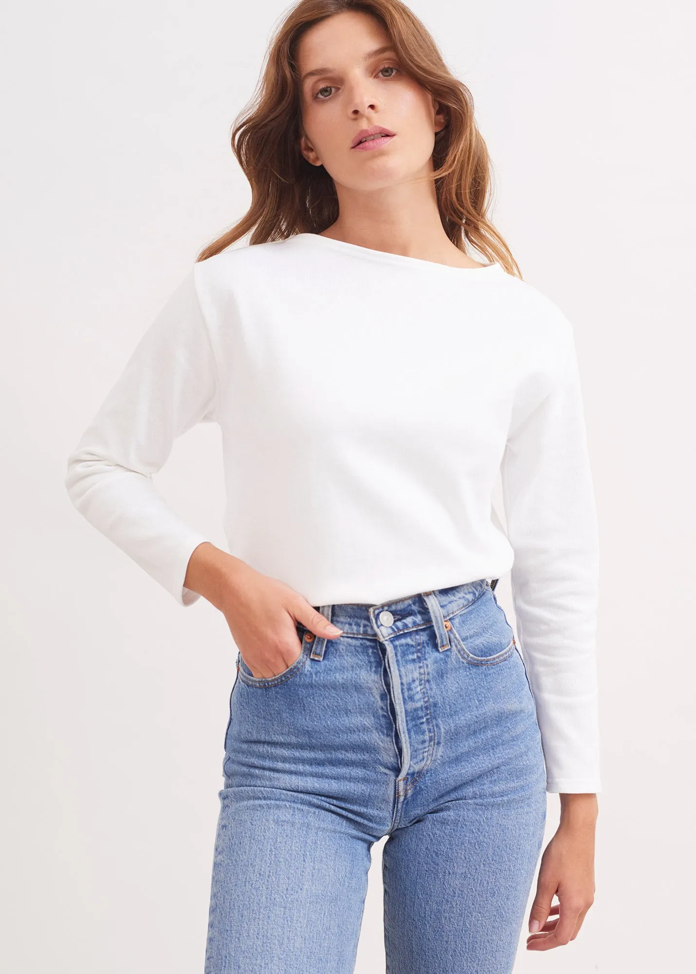 T-shirt marin Guildo - col bateau, en coton pais (NEIGE)