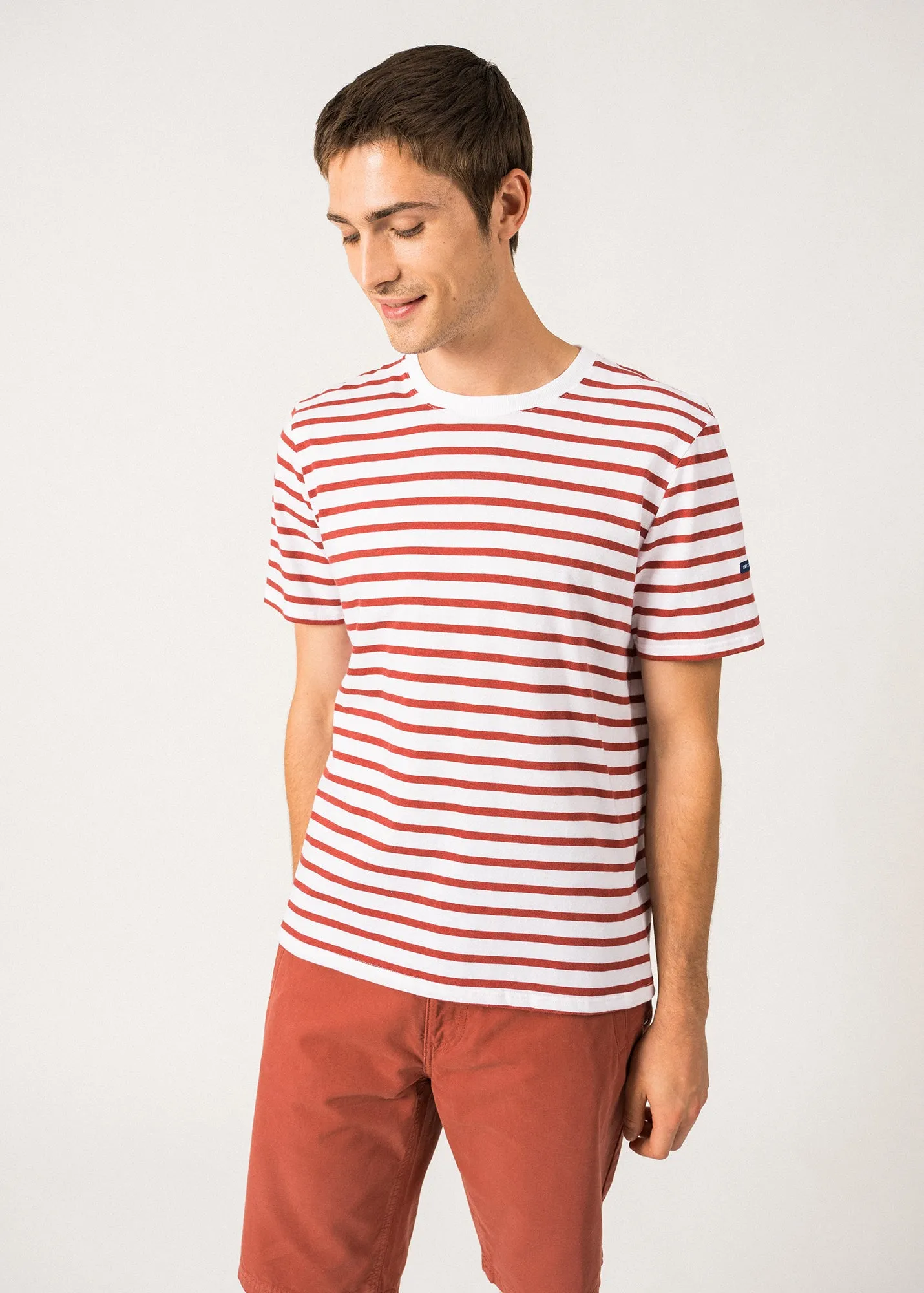 T-shirt marinire Plouider -  manches courtes, en coton lger (NEIGE/TERRACOTA)